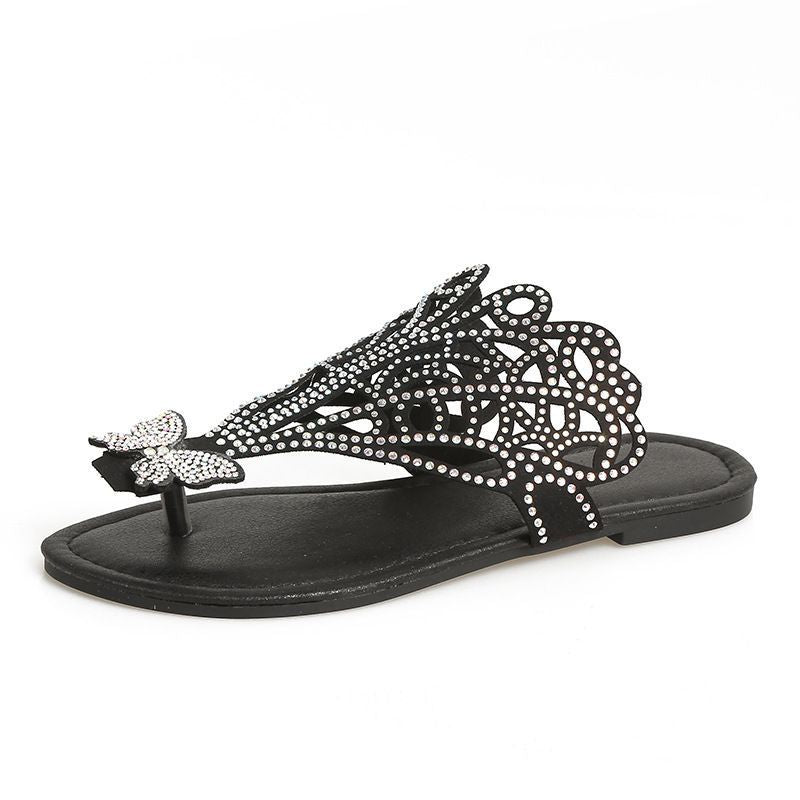 Slip-on Flip-toe Sandals Women's Rhinestone Hollow Flat-heeled Slippers - BuzzMart