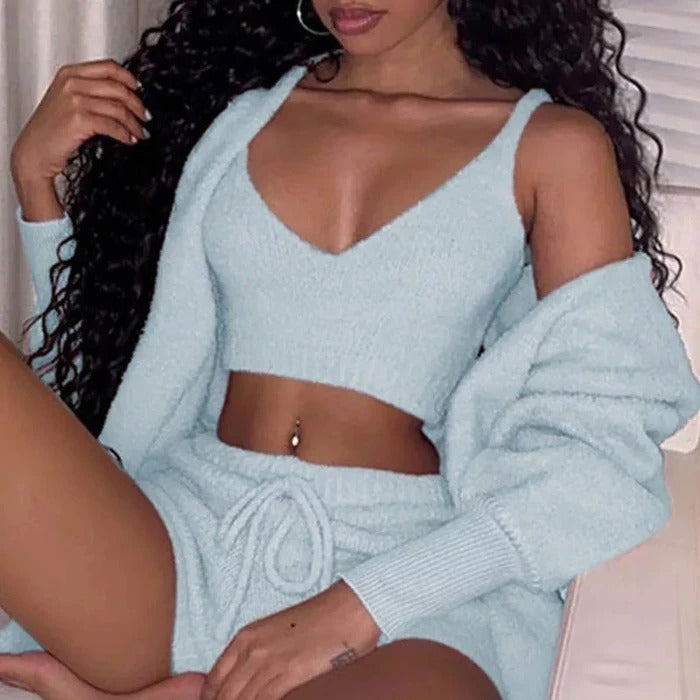 3pcs Womens Clothing Long Sleeve Crop Tank Top And Drawstring Shorts Pajama Set - BuzzMart
