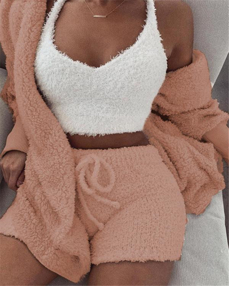 3pcs Womens Clothing Long Sleeve Crop Tank Top And Drawstring Shorts Pajama Set - BuzzMart
