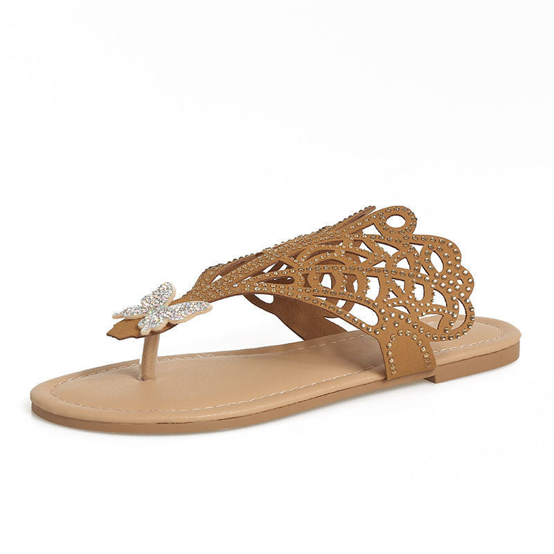 Slip-on Flip-toe Sandals Women's Rhinestone Hollow Flat-heeled Slippers - BuzzMart