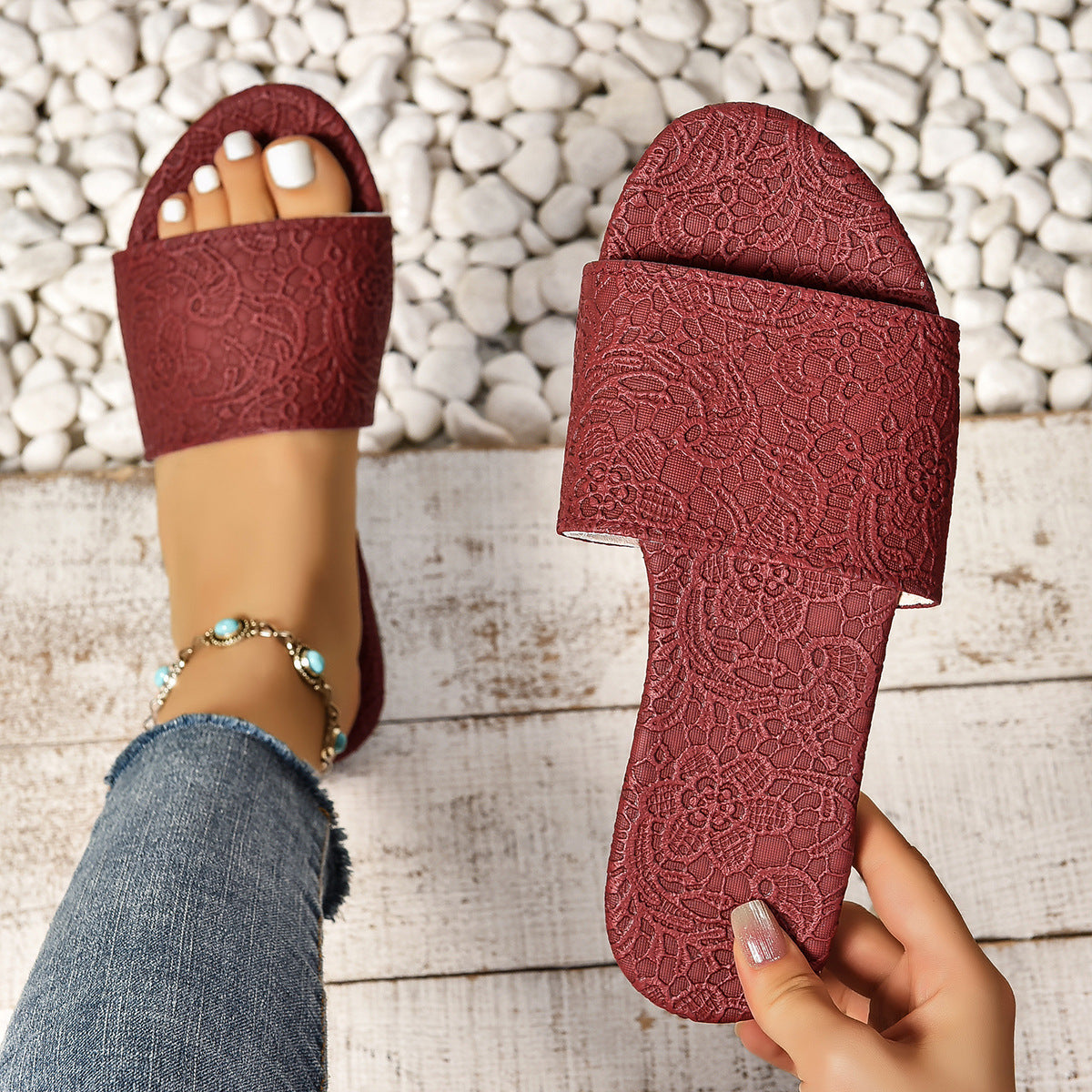 Retro Textured Flat Sandals Summer Non-slip Slides Beach Shoes For Women - BuzzMart