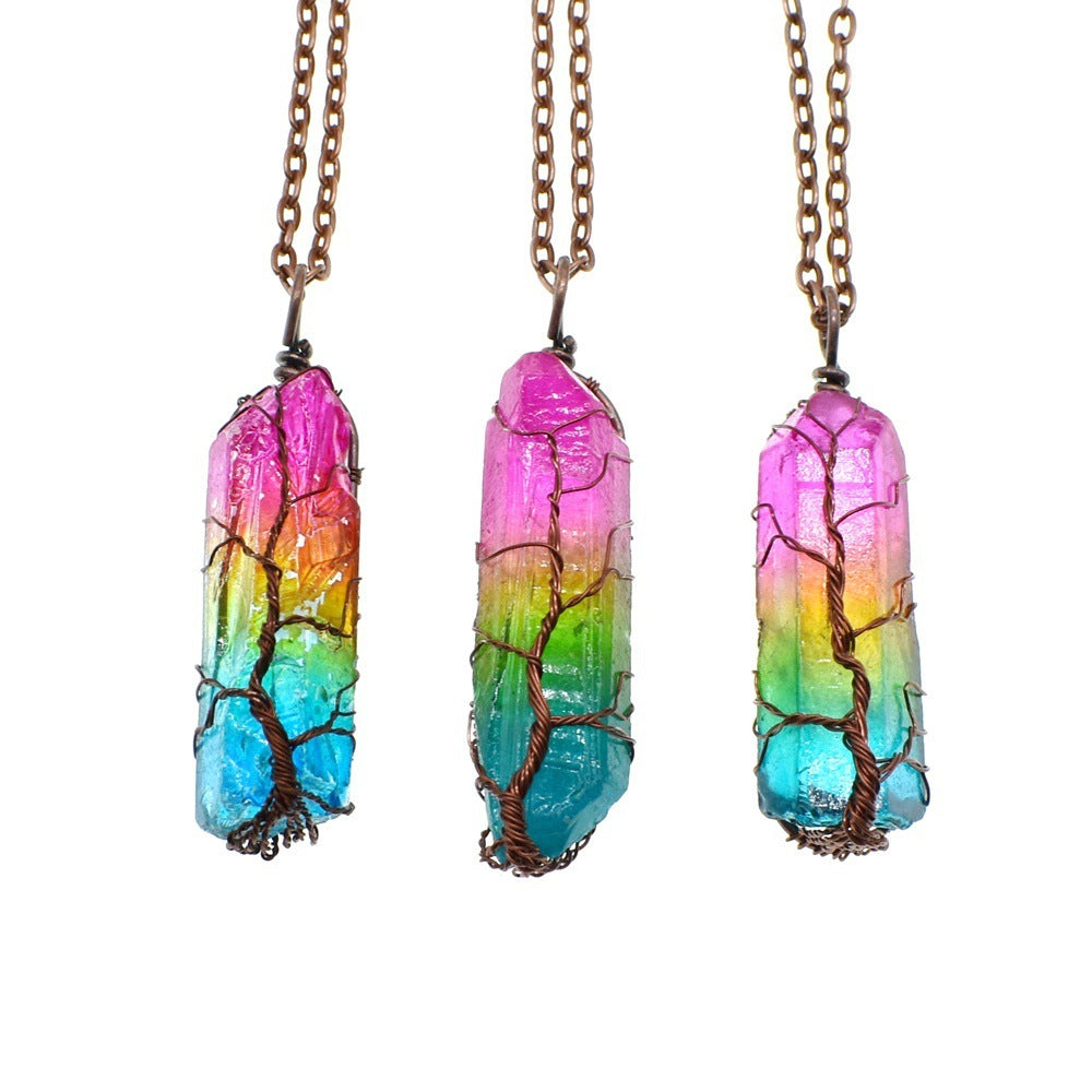Hot Selling Stone Crystal Pillar Tree Of Life Pendant Ins Fashion Necklace - BuzzMart