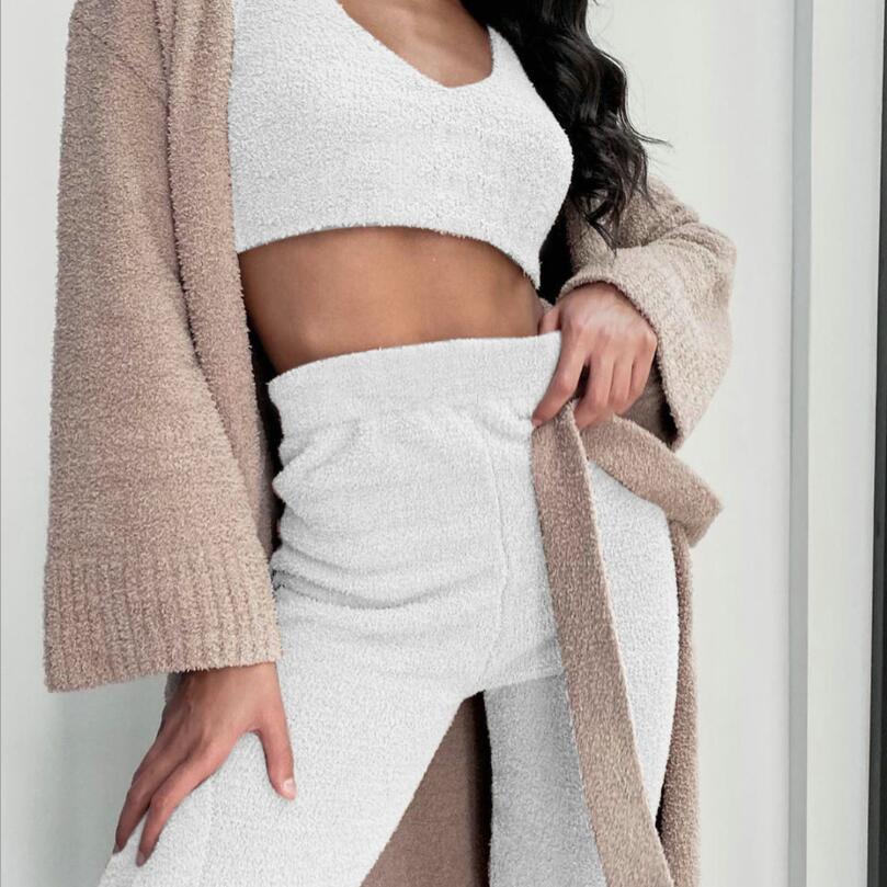 3pcs Womens Clothing Long Sleeve Crop Tank Top And Drawstring Shorts Pajama Set - BuzzMart