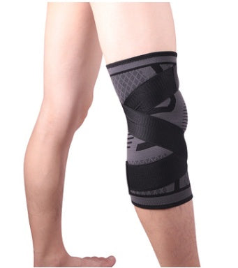 Breathable sports knee sleeve with adjustable straps and elastic fit.