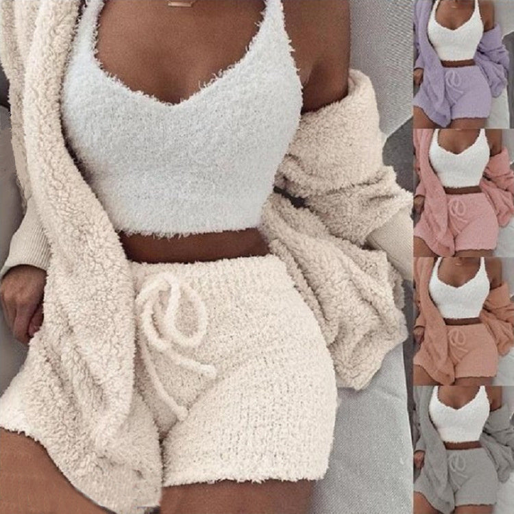 3pcs Womens Clothing Long Sleeve Crop Tank Top And Drawstring Shorts Pajama Set - BuzzMart