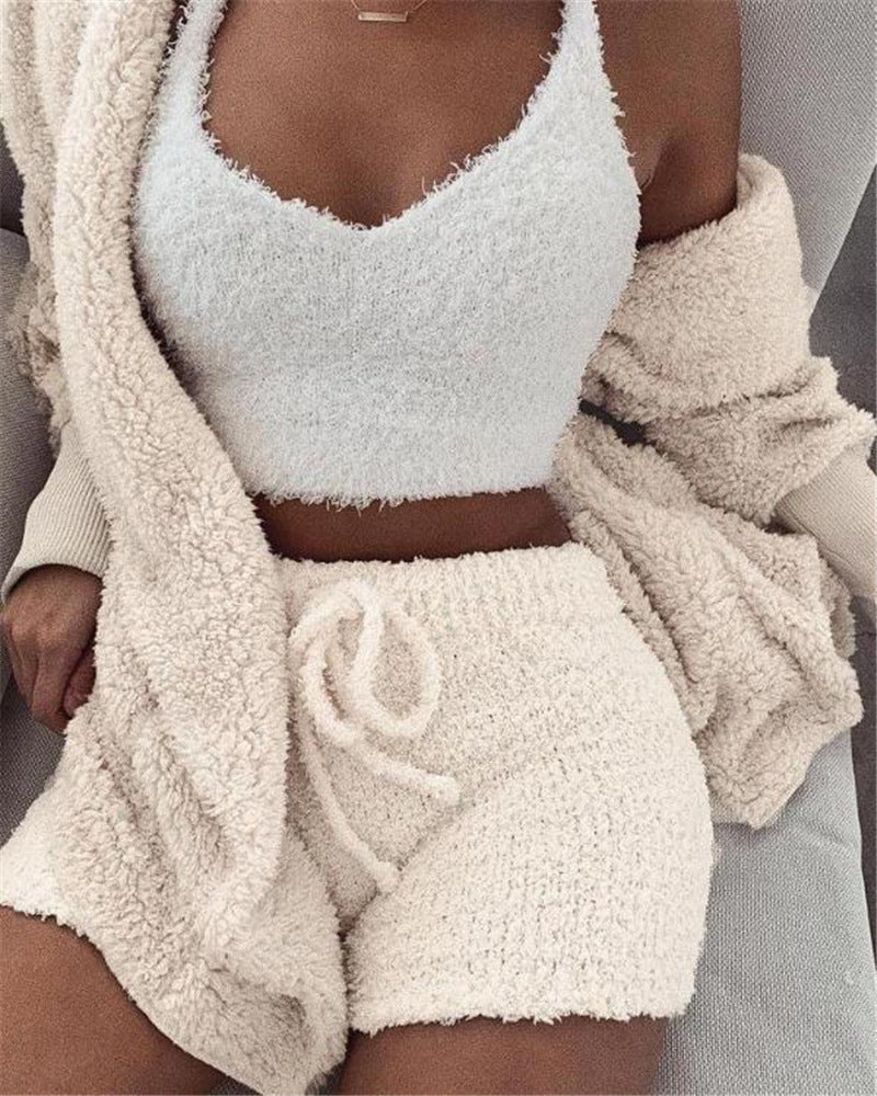 3pcs Womens Clothing Long Sleeve Crop Tank Top And Drawstring Shorts Pajama Set - BuzzMart