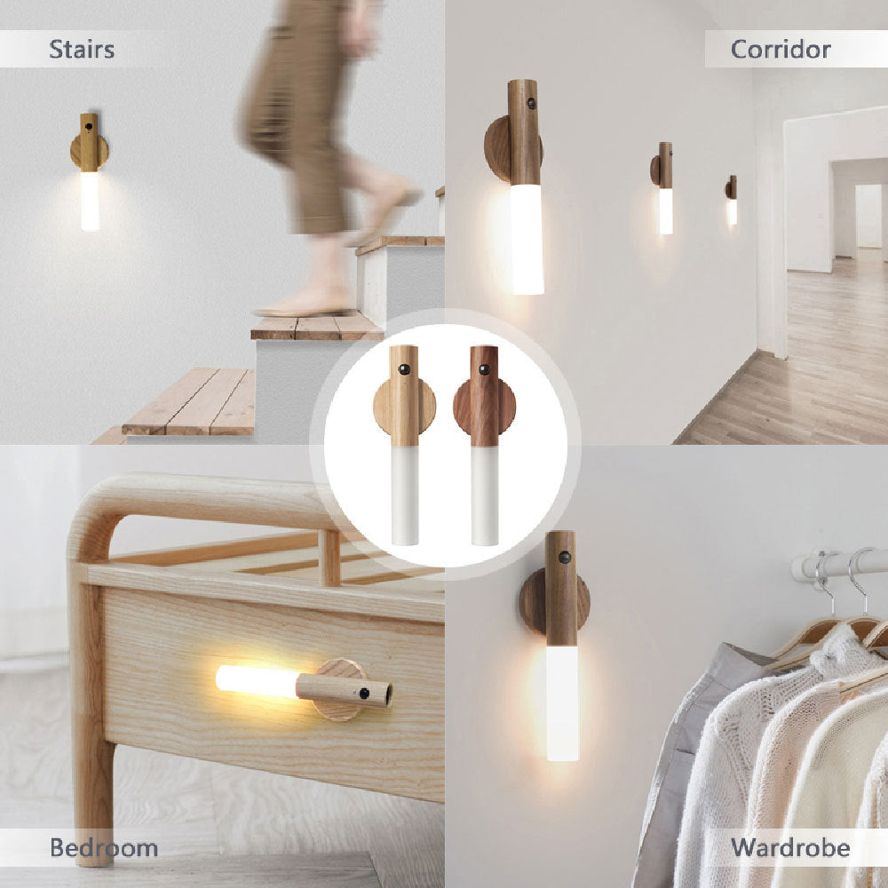 Auto LED USB Magnetic Wood Wireless Night Light Corridors Porch Lights PIR Motion Sensor Wall Light Cabinet Lamp - BuzzMart