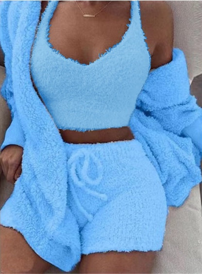3pcs Womens Clothing Long Sleeve Crop Tank Top And Drawstring Shorts Pajama Set - BuzzMart