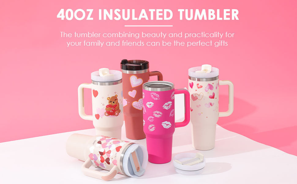 40 Oz Tumbler With Handle Straw Insulated, Stainless Steel Spill Proof Vacuum Coffee Cup Tumbler With Lid Tapered Mug Gifts For Valentine Lover Suitable For Car Gym Office Travel - BuzzMart