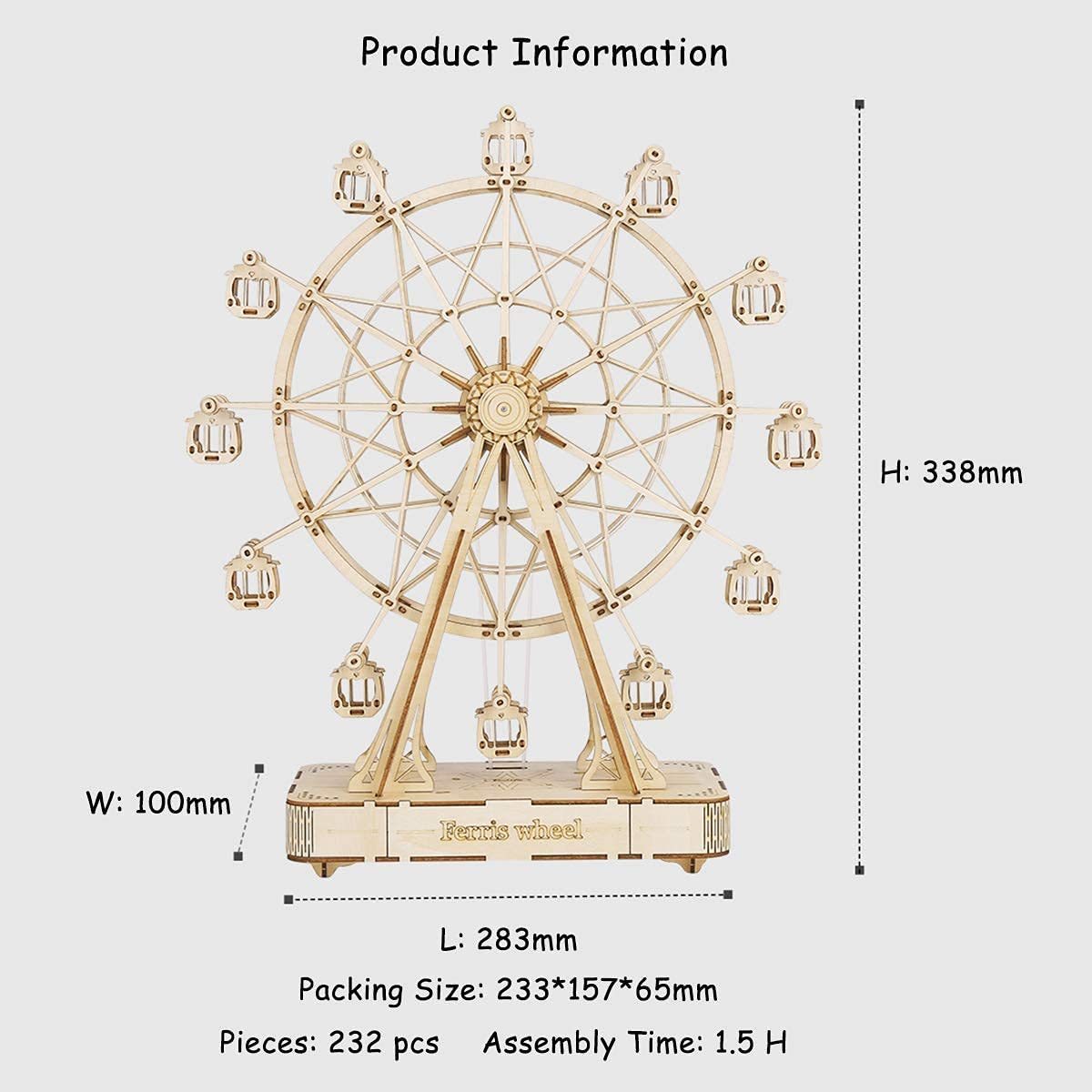 Rotatable wooden Ferris wheel model crafted for DIY assembly.