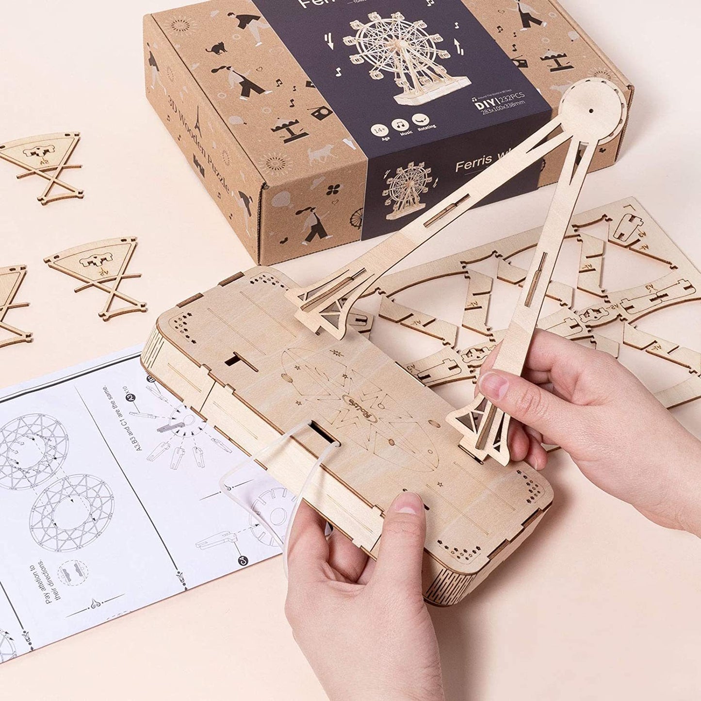 Robotime DIY Wooden Rotatable Ferris Wheel Model With Playing Music Toys For Children Birthday TGN01 - BuzzMart