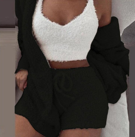 3pcs Womens Clothing Long Sleeve Crop Tank Top And Drawstring Shorts Pajama Set - BuzzMart