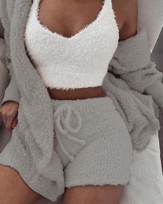 3pcs Womens Clothing Long Sleeve Crop Tank Top And Drawstring Shorts Pajama Set - BuzzMart