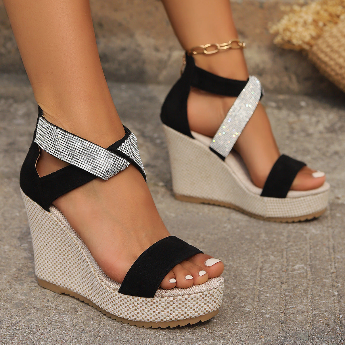 Fish Mouth High Wedges Sandals With Rhinestone Design Fashion Summer Platform Shoes For Women - BuzzMart