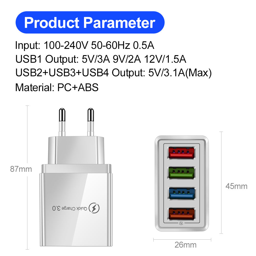 USB Charger Quick Charge 3.0 4 Phone Adapter For Tablet Portable Wall Mobile Charger Fast Charger - BuzzMart