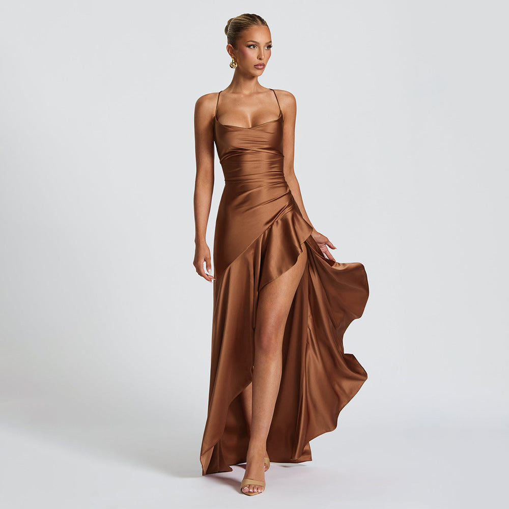 Elegant Satin Ruffle Slit Dress β Trendy Summer Club-wear - BuzzMart