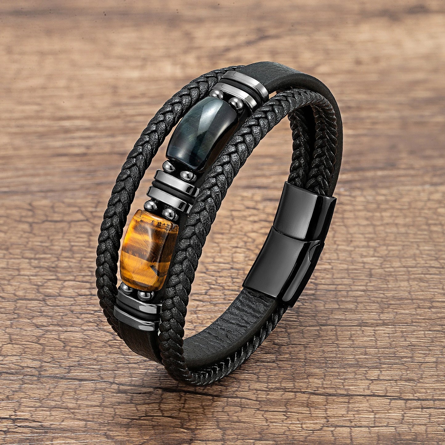 π₯ Bold Tiger Eye Bracelet β Braided Leather Men's Gift - BuzzMart