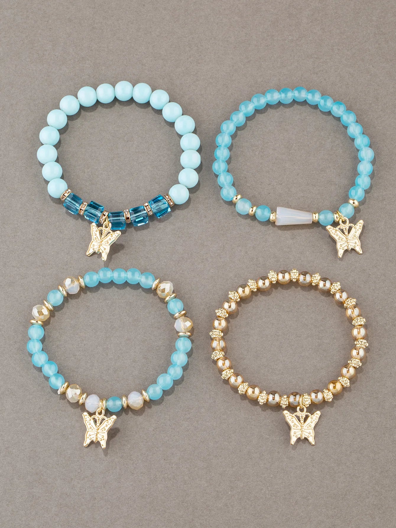 4Pcs Trendy Butterfly Beaded Bracelet Set For Women Pink Acrylic Beads Elastic Chain Bangle Female Bohemian Party Jewelry Gift - BuzzMart