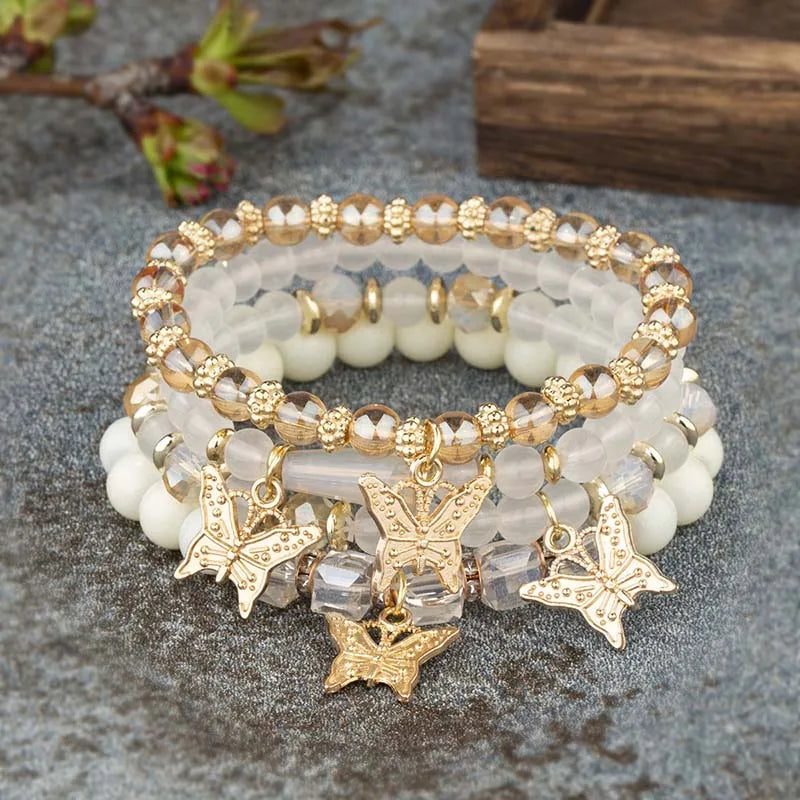 4Pcs Trendy Butterfly Beaded Bracelet Set For Women Pink Acrylic Beads Elastic Chain Bangle Female Bohemian Party Jewelry Gift - BuzzMart