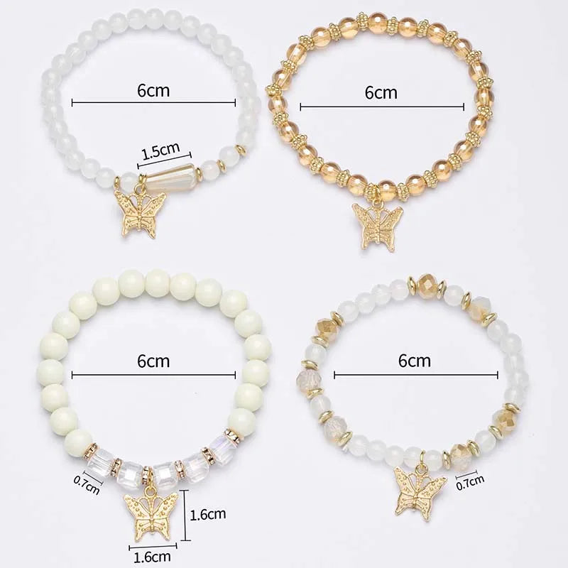 4Pcs Trendy Butterfly Beaded Bracelet Set For Women Pink Acrylic Beads Elastic Chain Bangle Female Bohemian Party Jewelry Gift - BuzzMart