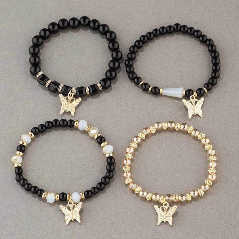 4Pcs Trendy Butterfly Beaded Bracelet Set For Women Pink Acrylic Beads Elastic Chain Bangle Female Bohemian Party Jewelry Gift - BuzzMart