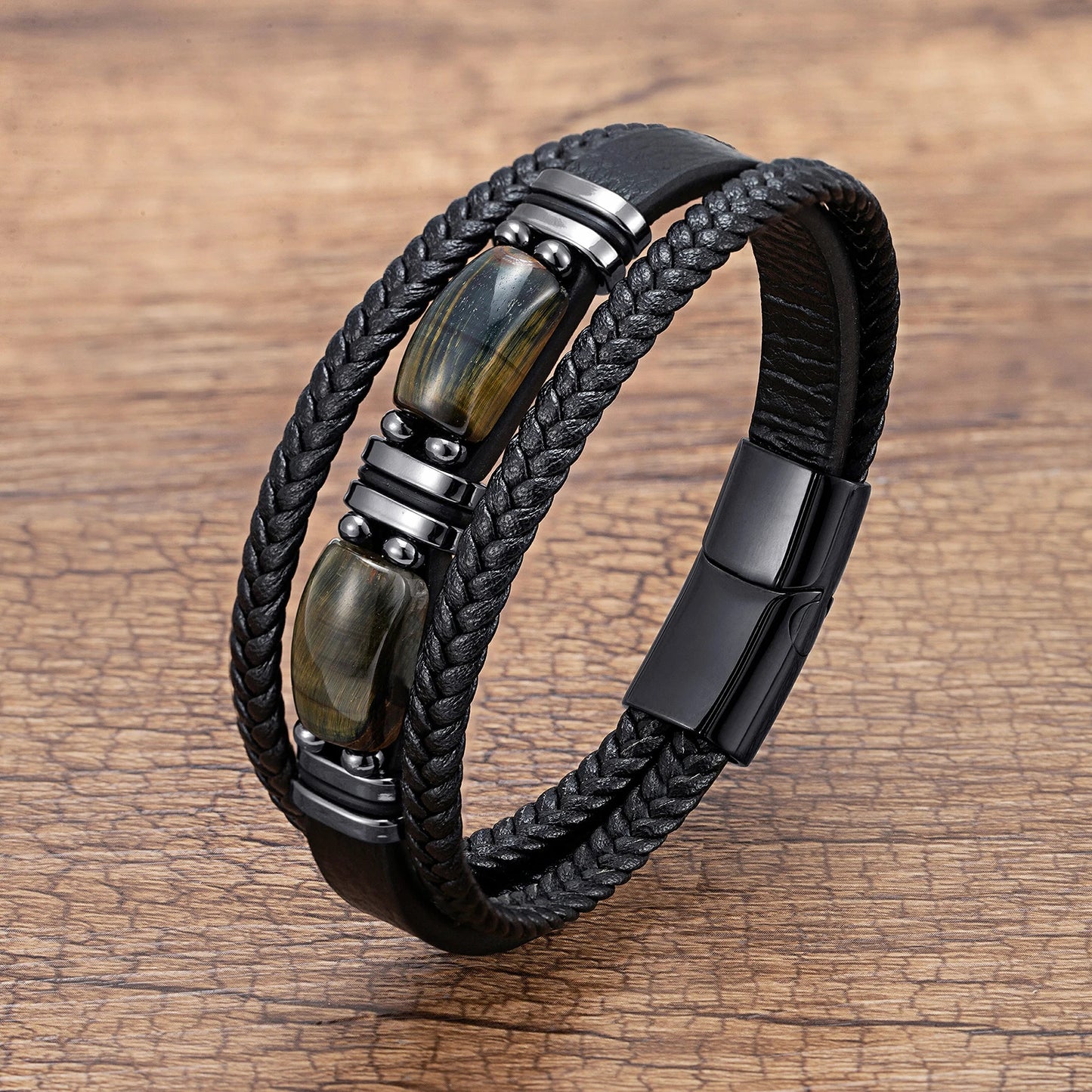 π₯ Bold Tiger Eye Bracelet β Braided Leather Men's Gift - BuzzMart