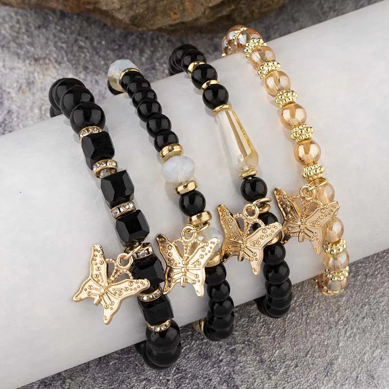4Pcs Trendy Butterfly Beaded Bracelet Set For Women Pink Acrylic Beads Elastic Chain Bangle Female Bohemian Party Jewelry Gift - BuzzMart