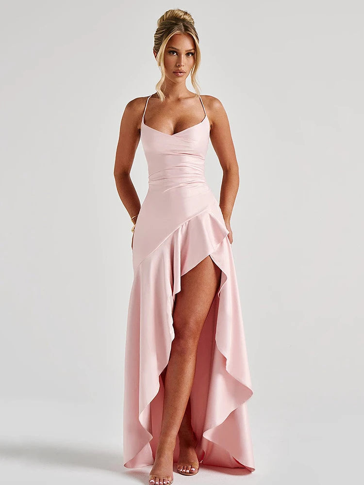 Sexy Satin Split Maxi Dress β Backless Holiday Glam Look - BuzzMart