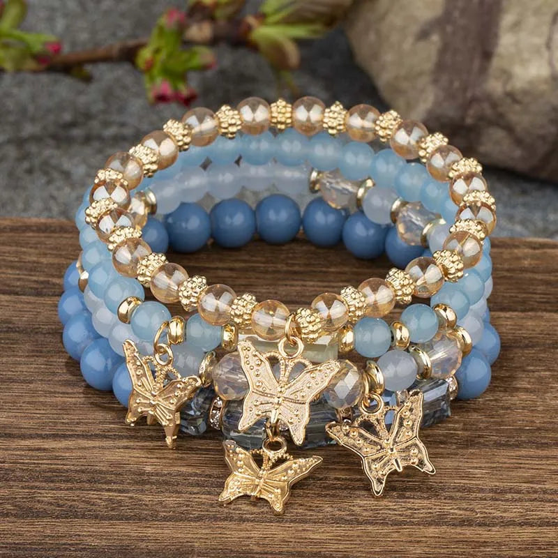 4Pcs Trendy Butterfly Beaded Bracelet Set For Women Pink Acrylic Beads Elastic Chain Bangle Female Bohemian Party Jewelry Gift - BuzzMart