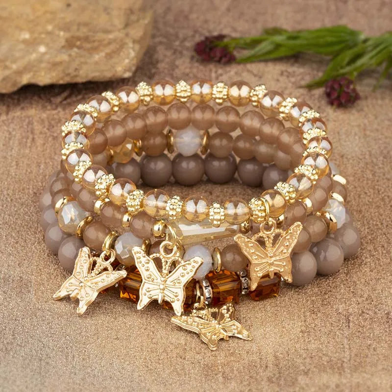 4Pcs Trendy Butterfly Beaded Bracelet Set For Women Pink Acrylic Beads Elastic Chain Bangle Female Bohemian Party Jewelry Gift - BuzzMart