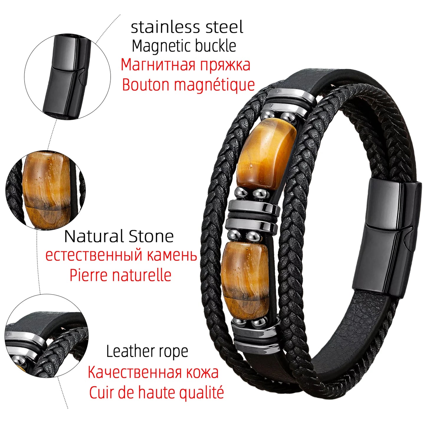 π₯ Bold Tiger Eye Bracelet β Braided Leather Men's Gift - BuzzMart