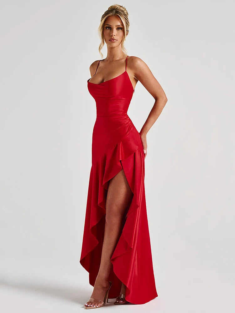 Sexy Satin Split Maxi Dress β Backless Holiday Glam Look - BuzzMart