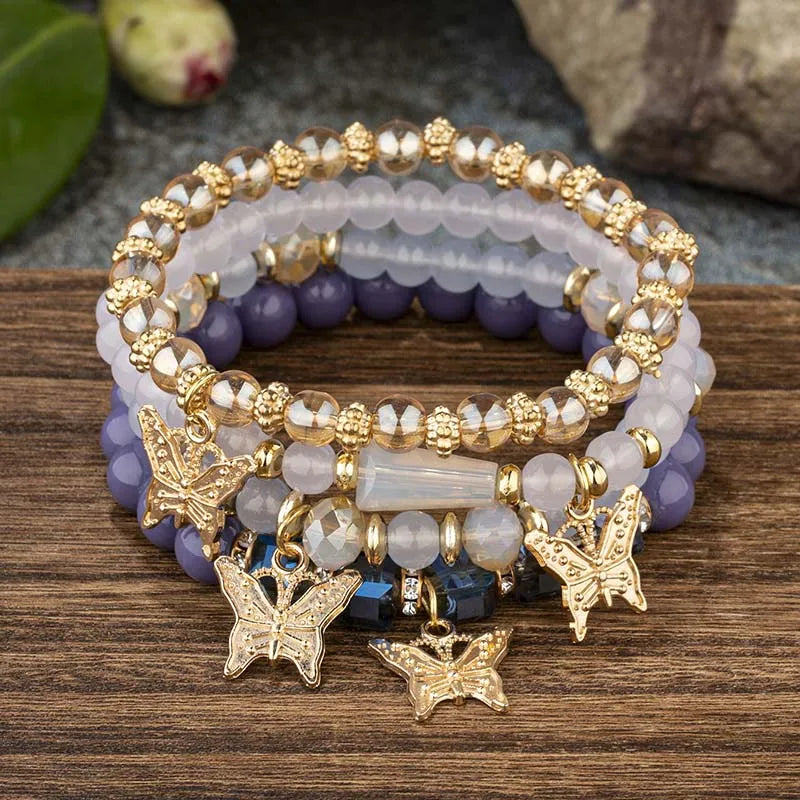 4Pcs Trendy Butterfly Beaded Bracelet Set For Women Pink Acrylic Beads Elastic Chain Bangle Female Bohemian Party Jewelry Gift - BuzzMart