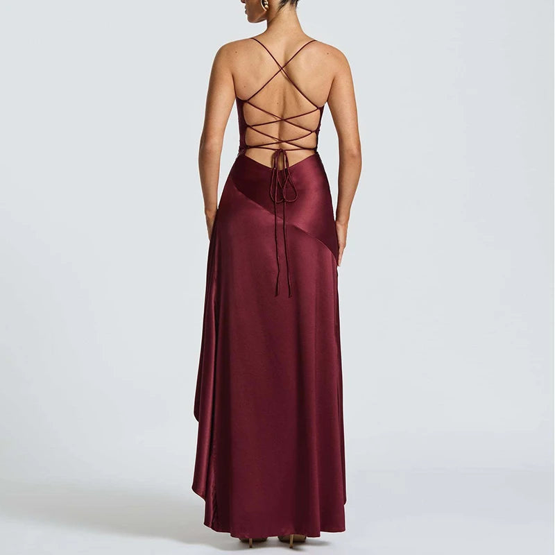 Elegant Ruffle Lace-Up Maxi Dress β Backless Banquet Glam - BuzzMart