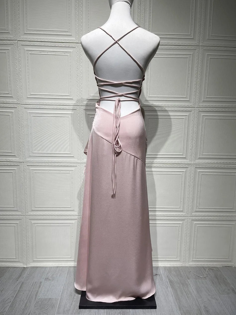Elegant Satin Backless Maxi Dress – Summer Party Glam - BuzzMart