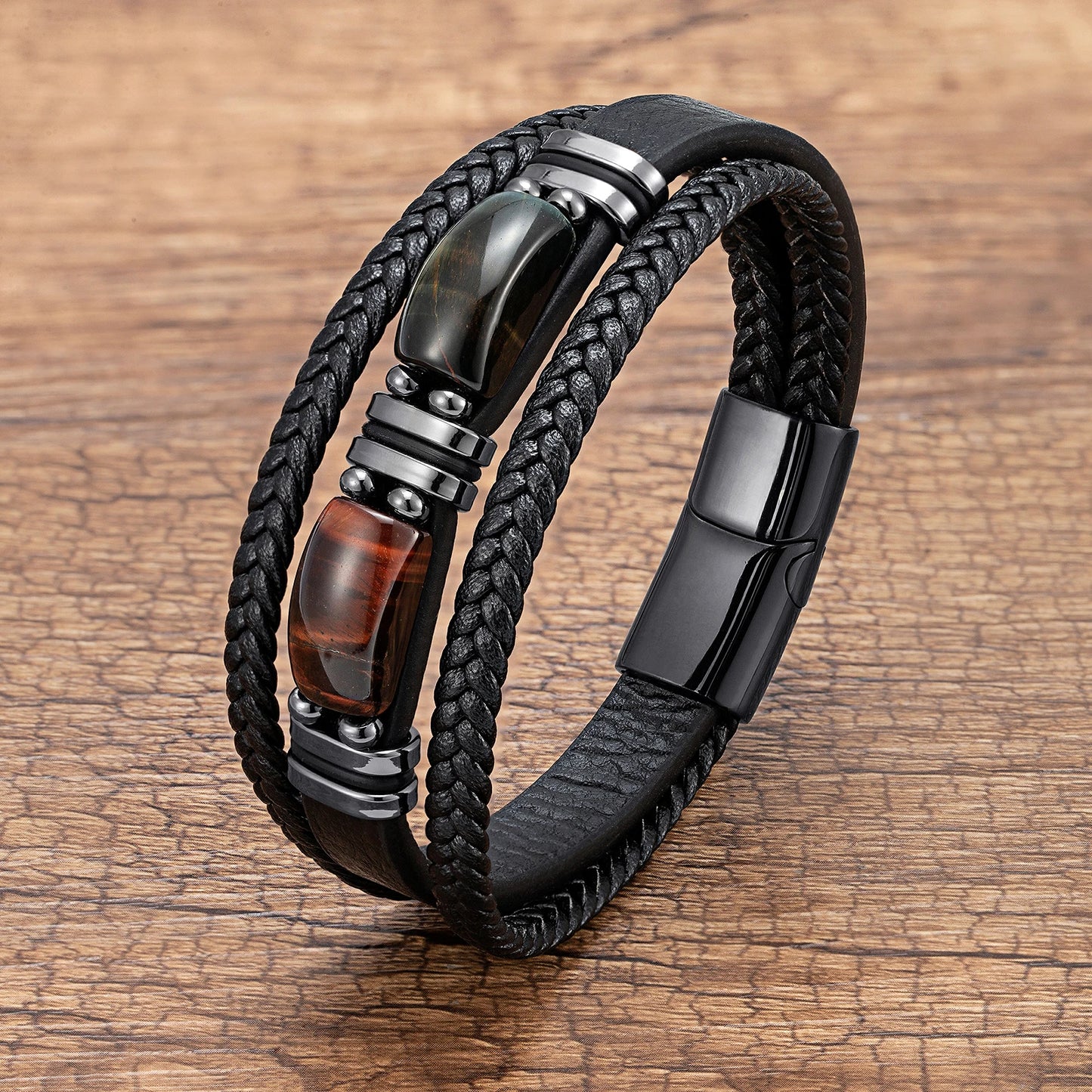 π₯ Bold Tiger Eye Bracelet β Braided Leather Men's Gift - BuzzMart