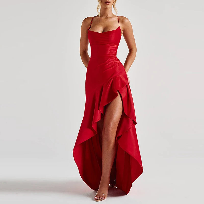 Luxury Satin Prom Gown – Off-Shoulder Elegant Halter Dress - BuzzMart