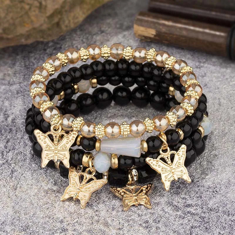 4Pcs Trendy Butterfly Beaded Bracelet Set For Women Pink Acrylic Beads Elastic Chain Bangle Female Bohemian Party Jewelry Gift - BuzzMart