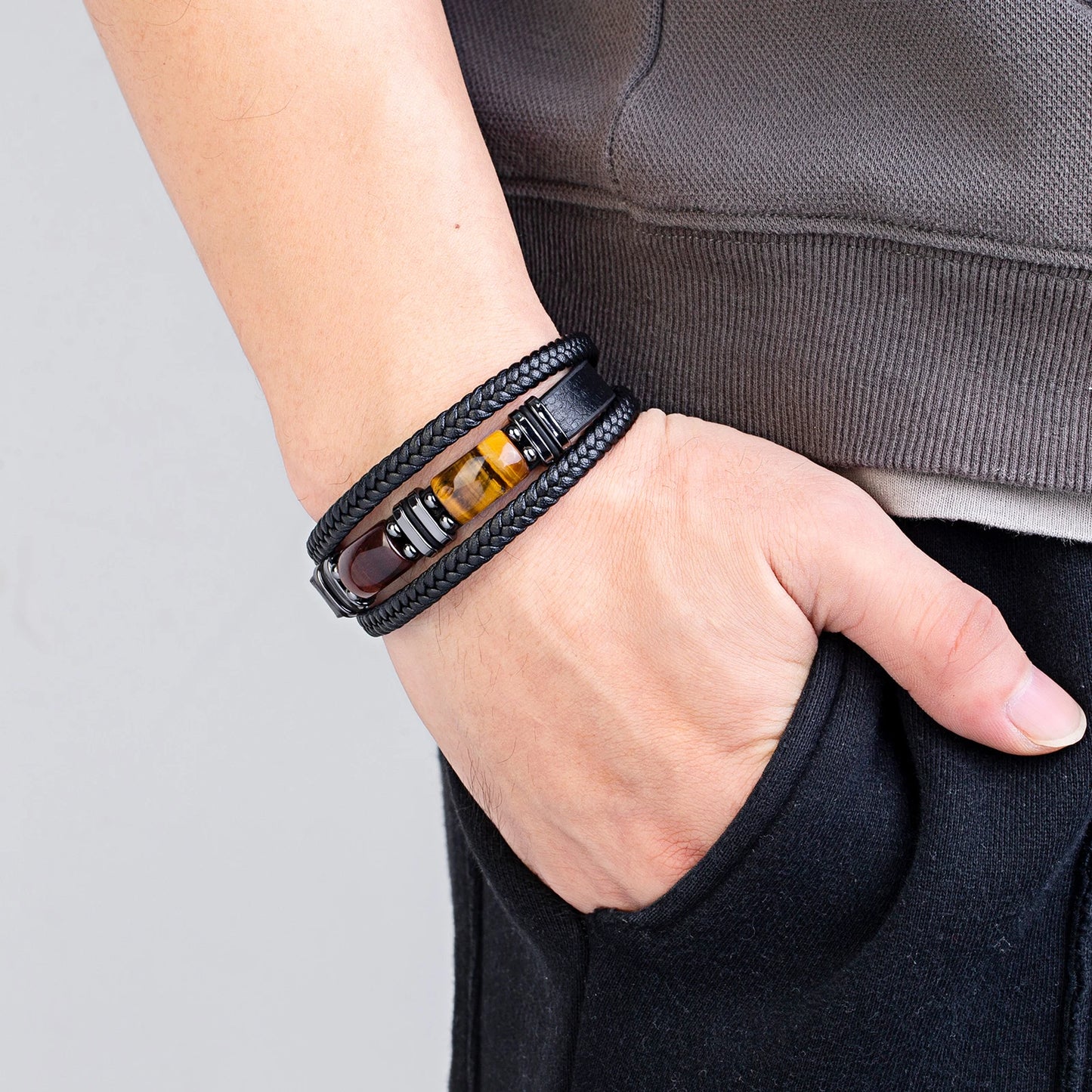 π₯ Bold Tiger Eye Bracelet β Braided Leather Men's Gift - BuzzMart