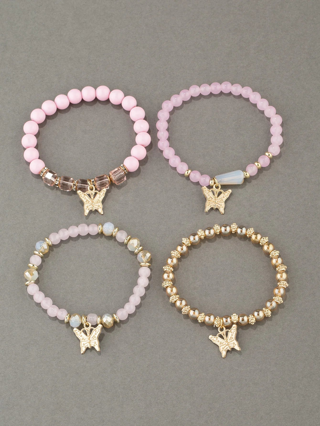 4Pcs Trendy Butterfly Beaded Bracelet Set For Women Pink Acrylic Beads Elastic Chain Bangle Female Bohemian Party Jewelry Gift - BuzzMart