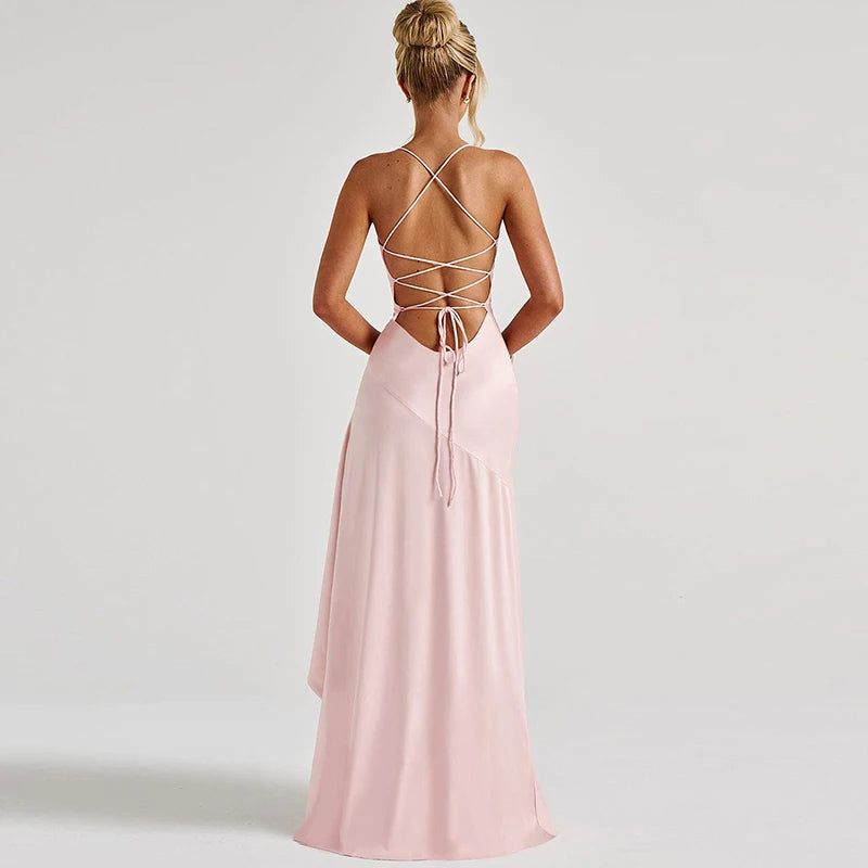 Elegant Ruffle Lace-Up Maxi Dress β Backless Banquet Glam - BuzzMart