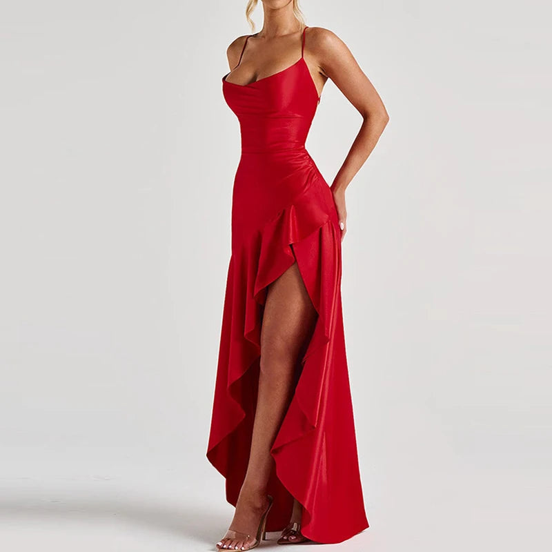 Luxury Satin Prom Gown – Off-Shoulder Elegant Halter Dress - BuzzMart