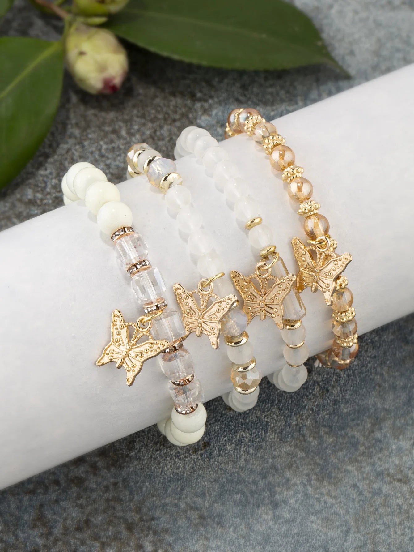 4Pcs Trendy Butterfly Beaded Bracelet Set For Women Pink Acrylic Beads Elastic Chain Bangle Female Bohemian Party Jewelry Gift - BuzzMart