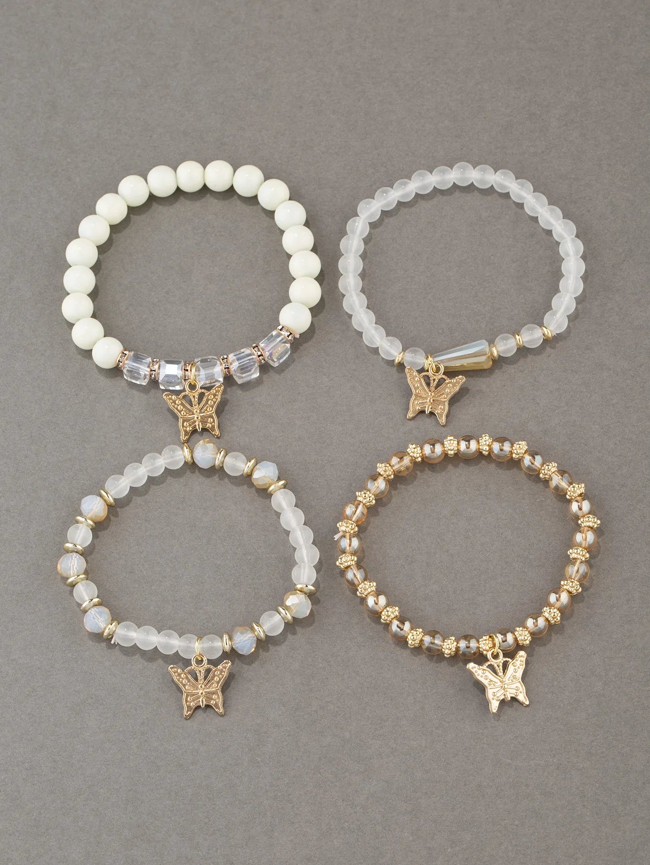 4Pcs Trendy Butterfly Beaded Bracelet Set For Women Pink Acrylic Beads Elastic Chain Bangle Female Bohemian Party Jewelry Gift - BuzzMart