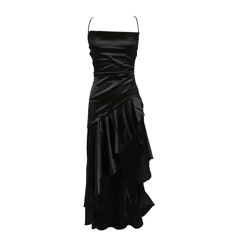 Elegant Black Satin Slit Dress β Ruffled Maxi Glam Look - BuzzMart