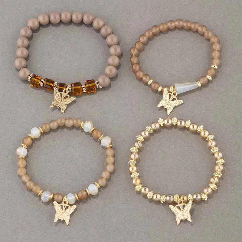 4Pcs Trendy Butterfly Beaded Bracelet Set For Women Pink Acrylic Beads Elastic Chain Bangle Female Bohemian Party Jewelry Gift - BuzzMart
