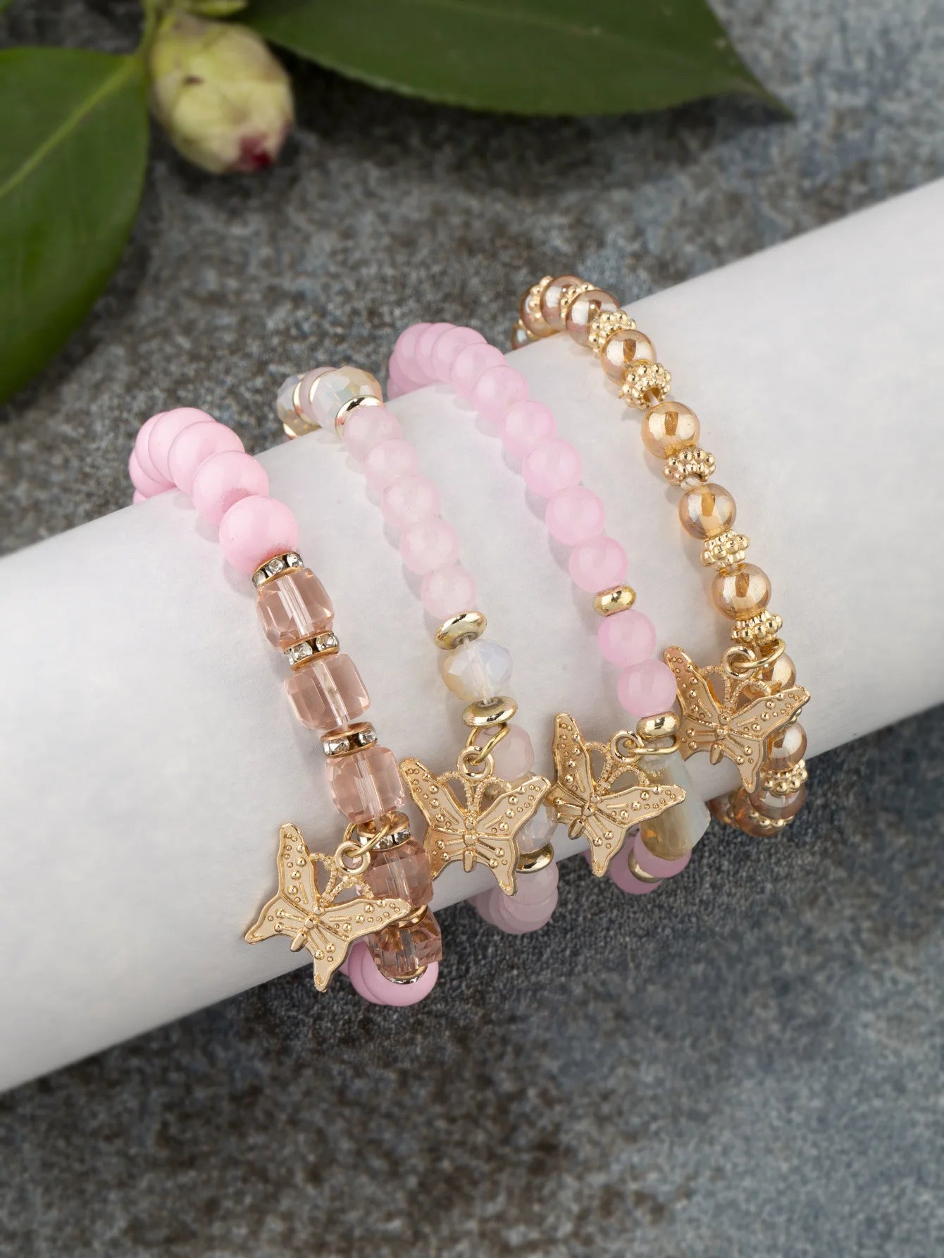 4Pcs Trendy Butterfly Beaded Bracelet Set For Women Pink Acrylic Beads Elastic Chain Bangle Female Bohemian Party Jewelry Gift - BuzzMart