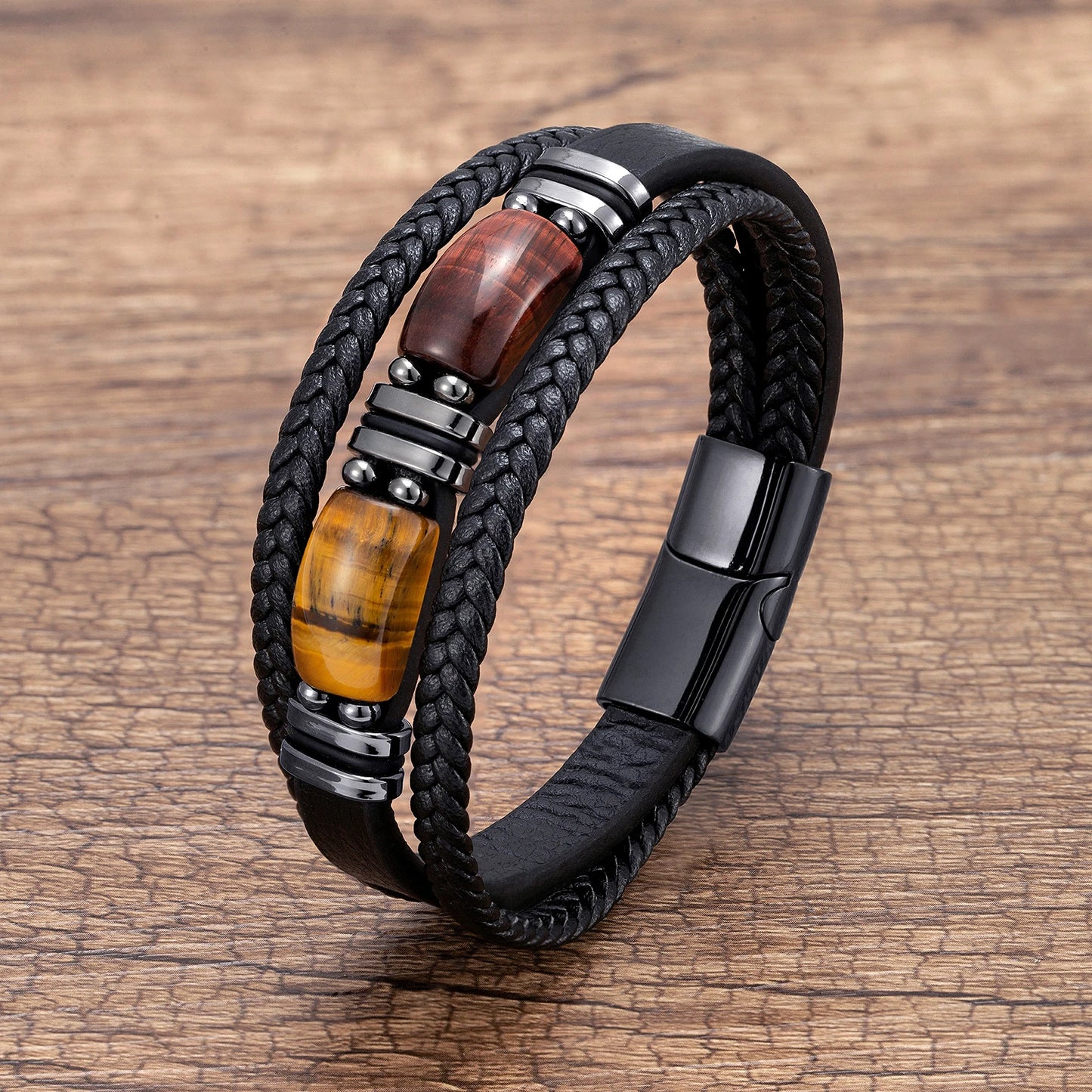 π₯ Bold Tiger Eye Bracelet β Braided Leather Men's Gift - BuzzMart