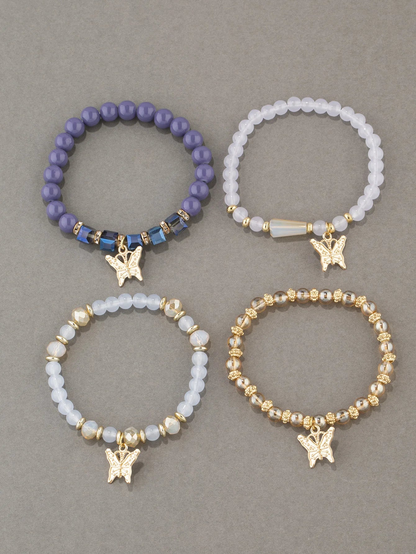 4Pcs Trendy Butterfly Beaded Bracelet Set For Women Pink Acrylic Beads Elastic Chain Bangle Female Bohemian Party Jewelry Gift - BuzzMart