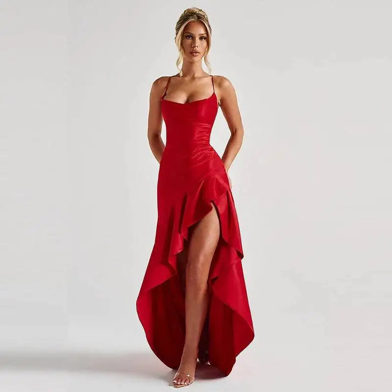 Elegant Satin Ruffle Maxi Dress – Backless Party Glam - BuzzMart